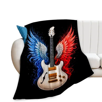 Guitar with Wings Blanket: Electric Guitar with Blue and Red Feathers