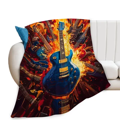 Electric Guitar Rock Music Blanket: Fiery Blue Instrument Design