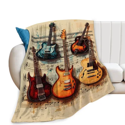 Guitar Music Blanket: Vintage Guitars on Sheet Music Art