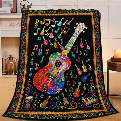 Colorful Guitar and Music Notes Blanket for Musicians