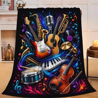 Music Instruments Collage Blanket for Rock and Jazz Lovers