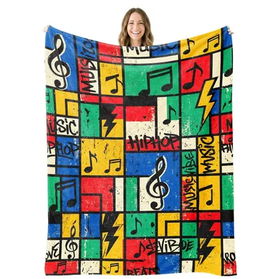 Retro Music Notes Graffiti Blanket: 90s Hip Hop Art Design