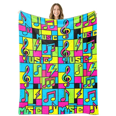 Pop Art Blanket: Vibrant Music Notes and Lightning Bolts Design