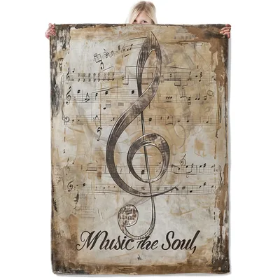 Vintage Music Sheet Blanket: Music the Soul Treble Clef Design