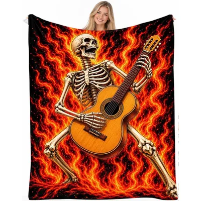 Skeleton Guitar Fire Blanket: A skeletal musician plays