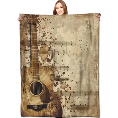 Vintage Acoustic Guitar and Music Notes Blanket for String Players