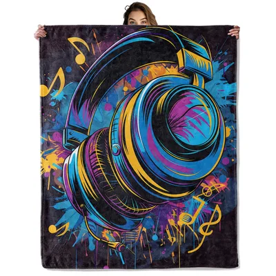 Headphones Music Graffiti Blanket: Neon Headset Art for Musicians