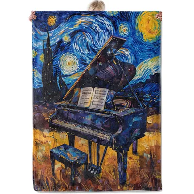 Piano Starry Night Art Blanket: Van Gogh Inspired Piano Print