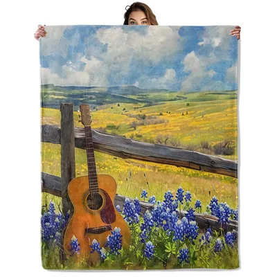 Country Guitar Bluebonnets Blanket features an acoustic