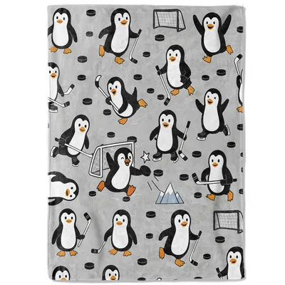 Penguin Hockey Pattern Blanket features cute cartoon