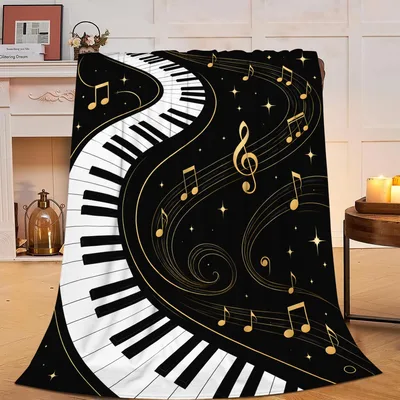 Piano Keys and Golden Music Notes Blanket for Musicians
