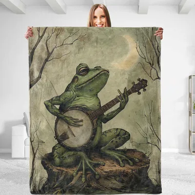 Frog Banjo Music Blanket: A Froggy Bluegrass Performer on a Stump