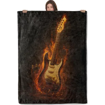 Fire Guitar Music Notes Blanket features a burning electric