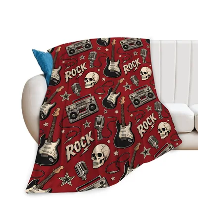 Rock Music Pattern Blanket: Vintage Guitar and Skull Design for Fans