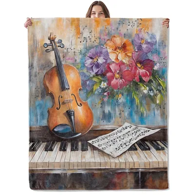 Violin Piano Music Art Blanket: Watercolor Violin and Floral Print