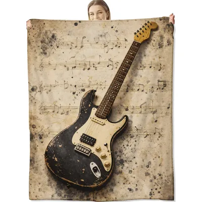 Distressed Strat on Cream Blanket: Vintage Guitar Art for Musicians