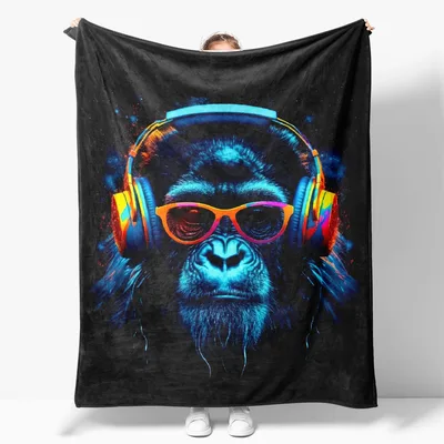 Gorilla Headphones Music Blanket: Cool Primate with Neon Gear