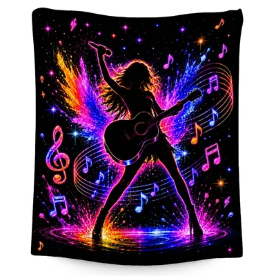 Female Singer Guitar Silhouette Blanket Neon Rock Star Design