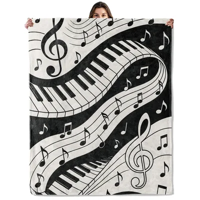 Monochrome Wavy Keys Blanket: Piano Music Notes Design