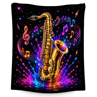 Neon Saxophone with Musical Blanket: Glowing Gold Instrument Design
