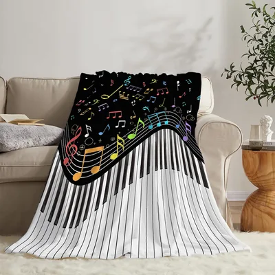 Piano Keys with Music Blanket: Rainbow Notes Over Piano Keyboard