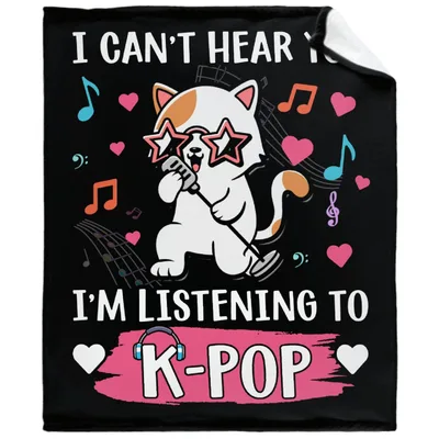 Cat Listening to K-Pop Blanket: Star Glasses Cat with Microphone