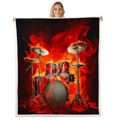 Flaming Drum Kit Picture Blanket for Rock Music Lovers