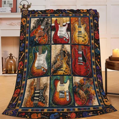 Retro Guitars Collage Blanket: A Vintage Art Print for Music Lovers