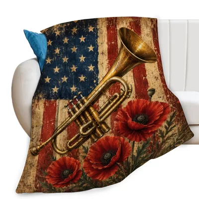 Trumpet with Flag Blanket: Vintage Brass Instrument and Poppies Design