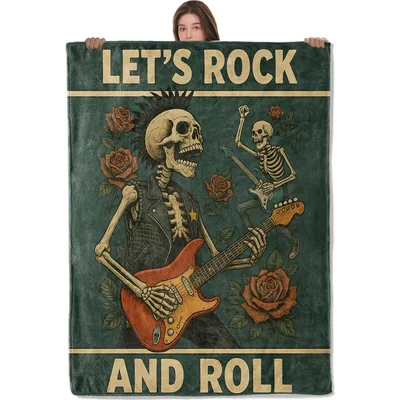 Let's Rock and Roll Blanket: Skeleton Guitarists with Roses Design