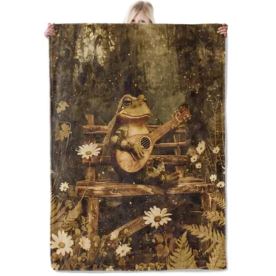 Vintage Frog Playing Guitar Blanket: A Folk Musician in the Forest