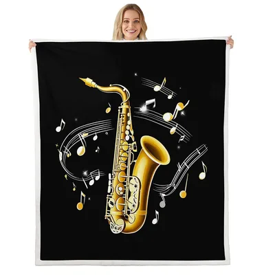 Saxophone and Musical Notes Blanket: Golden Instrument on Black