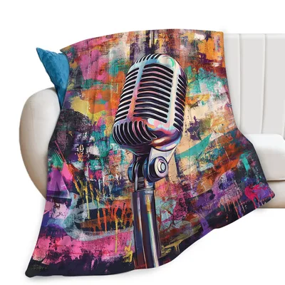 Vintage Microphone Colorful Graffiti Blanket for Music Lovers