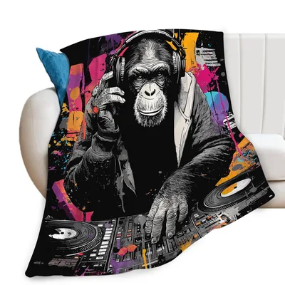 DJ Chimp Turntable Graffiti Blanket featuring a chimpanzee DJ