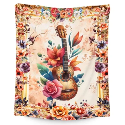 Guitar Flowers Floral Border Blanket: Vintage Guitar and Roses