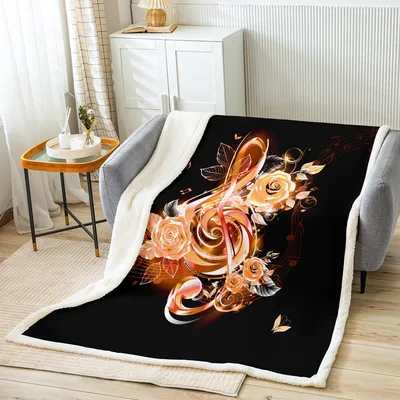 Music Notes Rose Butterfly Blanket: Glowing Treble Clef Design