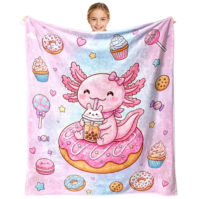 Kawaii Axolotl Donut Blanket: Cute Pink Amphibian with Sweets
