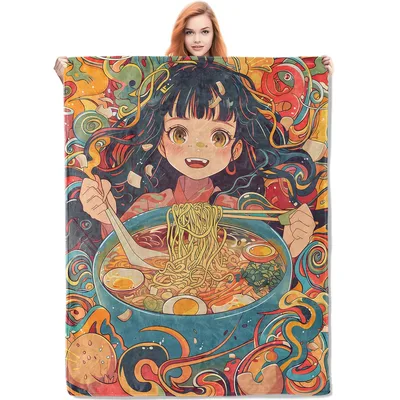Anime Girl Ramen Noodles Blanket: Cozy Art for Foodie Lovers