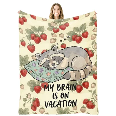 Sleeping Raccoon Strawberries Blanket: My Brain is on Vacation Design