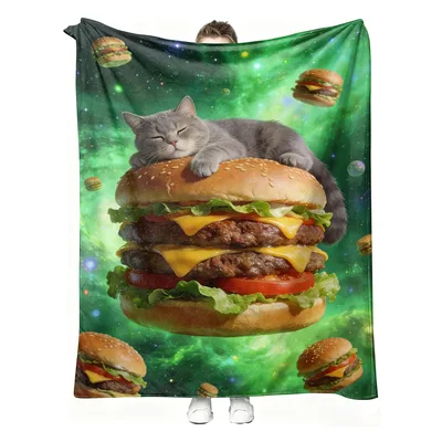 Sleeping Cat Burger Blanket: Cosmic Hamburger with Napping Feline