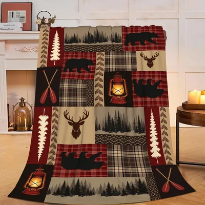 Rustic Cabin Lodge Decor Blanket: Patchwork Forest & Bear Design