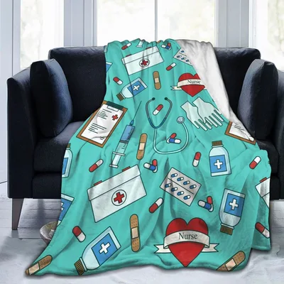 Nurse Medical Pattern Blanket: Teal Design with Stethoscope and Heart