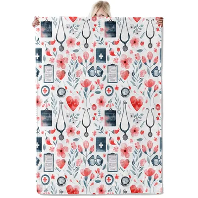 Nurse Medical Floral Pattern Blanket: Stethoscope and Heartbeat Design