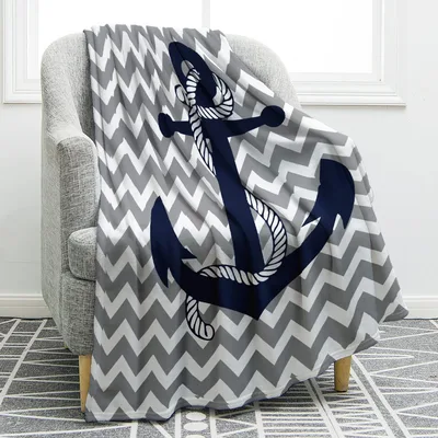 Navy Anchor Blanket: Classic Nautical Chevron Design for Coastal Homes