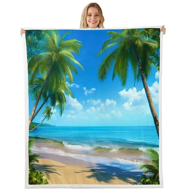 Tropical Beach Blanket Palm Tree Coastline Escape