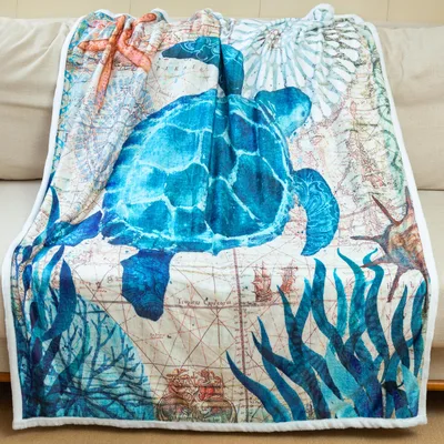Ocean Nautical Map Blanket: Sea Turtle and Vintage Chart Design
