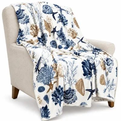 Coastal Shells Blanket: Nautical Blue and Beige Sea Life Print