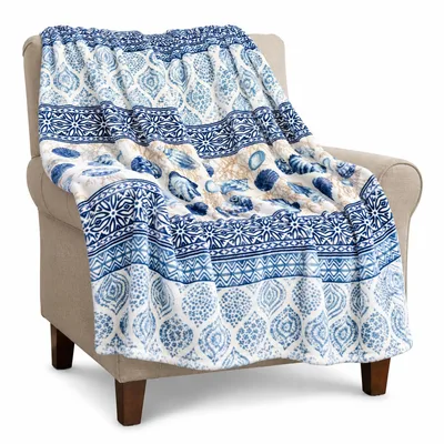 Seashell Pattern Blanket Coastal Shells and Geometric Stripes Design