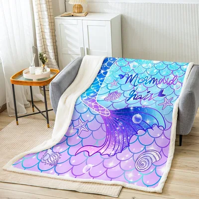 Mermaid Fish Scale Blanket with Glittery Tail and Shells Design