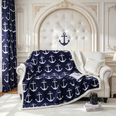 Sailor Anchor Blanket: Navy Blue Nautical Pattern Throw